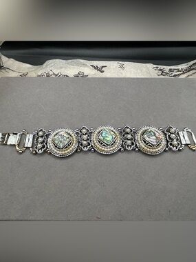 Vintage Pearl and Abalone Mosaic Statement Bracelet - Silver Tone
